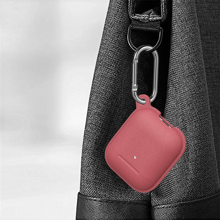 Anti-fall Litchi Texture Silicone Charging Box Protective Case with Carabiner for AirPods 1 & 2