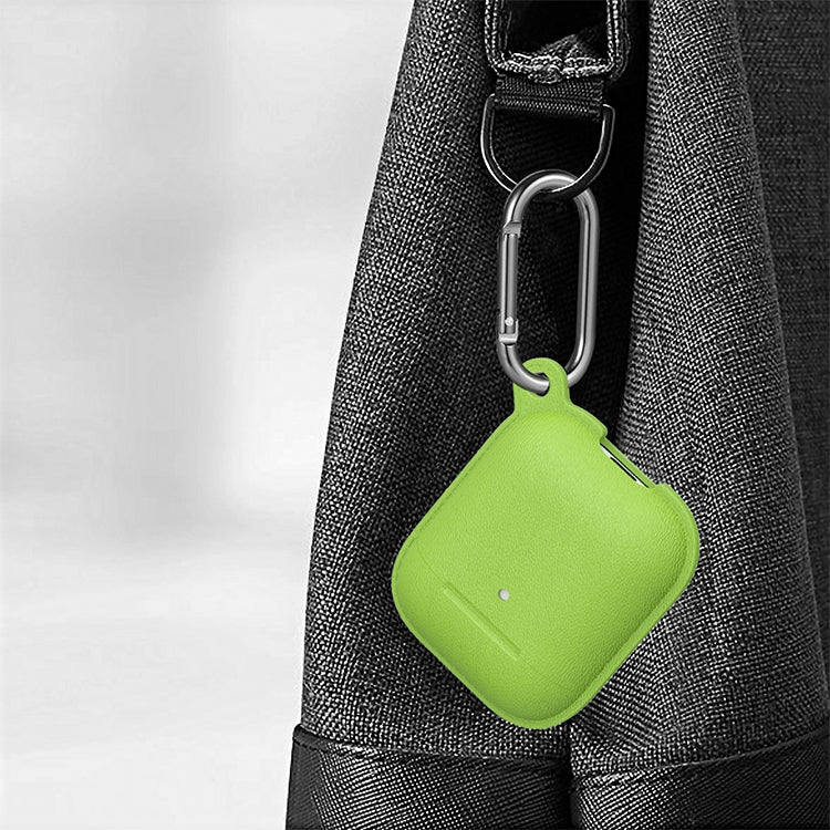 Anti-fall Litchi Texture Silicone Charging Box Protective Case with Carabiner for AirPods 1 & 2