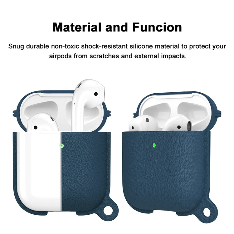 Anti-fall Litchi Texture Silicone Charging Box Protective Case with Carabiner for AirPods 1 & 2