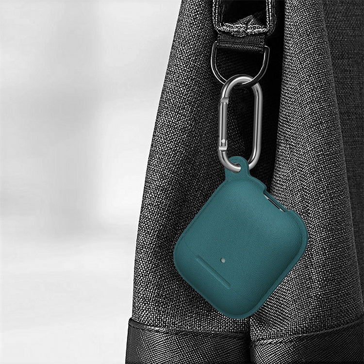 Anti-fall Litchi Texture Silicone Charging Box Protective Case with Carabiner for AirPods 1 & 2