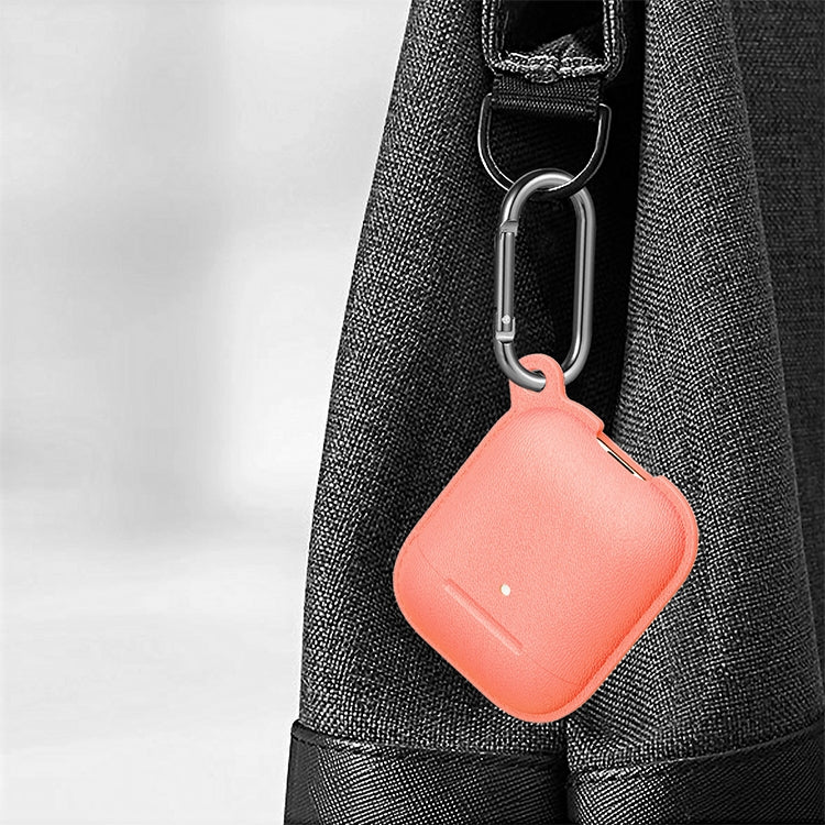 Anti-fall Litchi Texture Silicone Charging Box Protective Case with Carabiner for AirPods 1 & 2