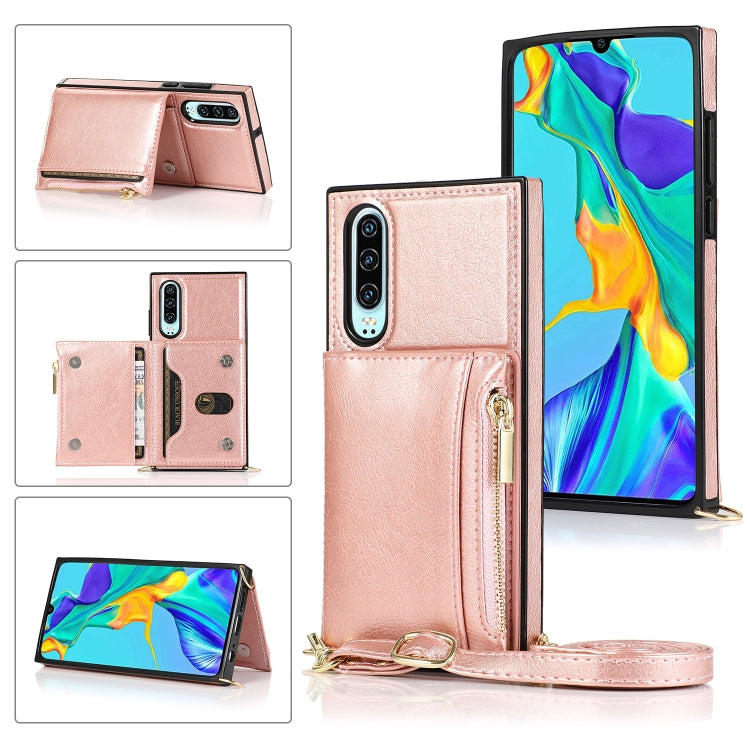 For Huawei P30 Square Zipper Wallet Bag TPU+PU Back Cover Case with Holder & Card Slots & Wallet & Cross-body Strap