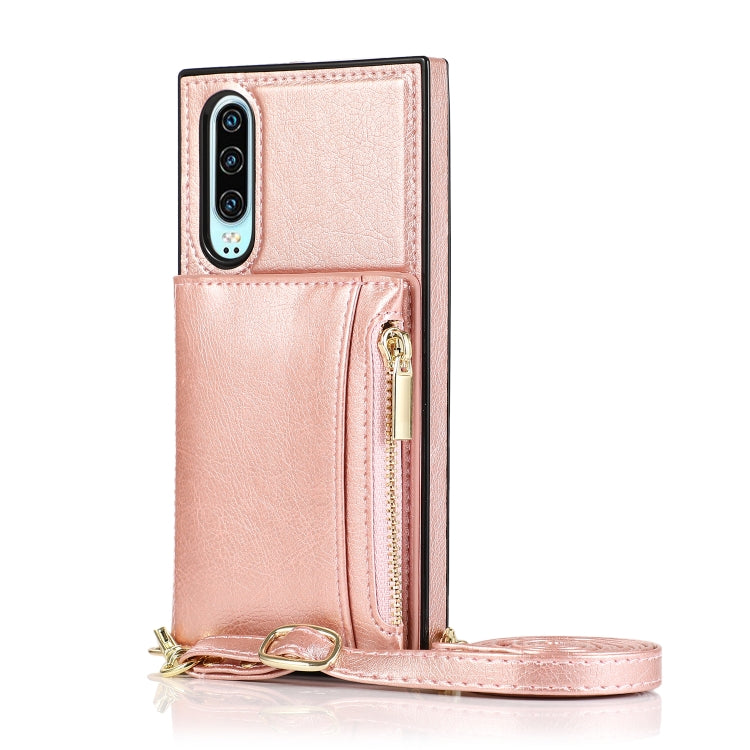 For Huawei P30 Square Zipper Wallet Bag TPU+PU Back Cover Case with Holder & Card Slots & Wallet & Cross-body Strap