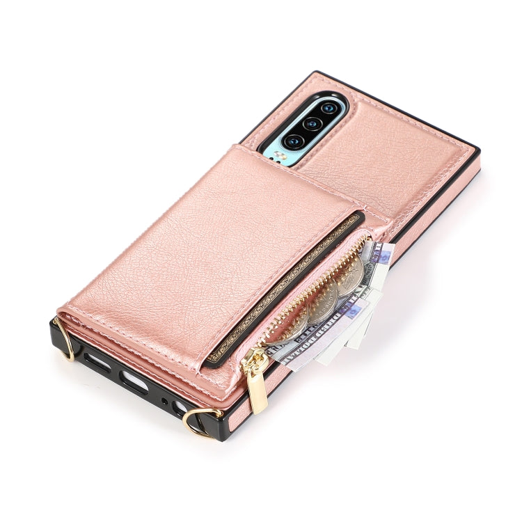 For Huawei P30 Square Zipper Wallet Bag TPU+PU Back Cover Case with Holder & Card Slots & Wallet & Cross-body Strap