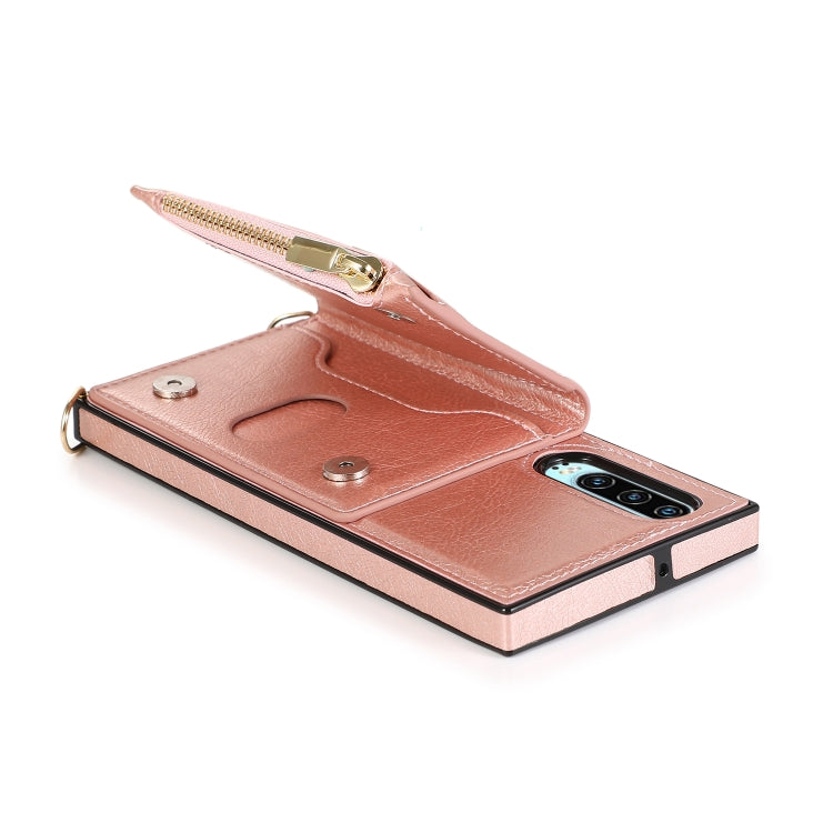 For Huawei P30 Square Zipper Wallet Bag TPU+PU Back Cover Case with Holder & Card Slots & Wallet & Cross-body Strap
