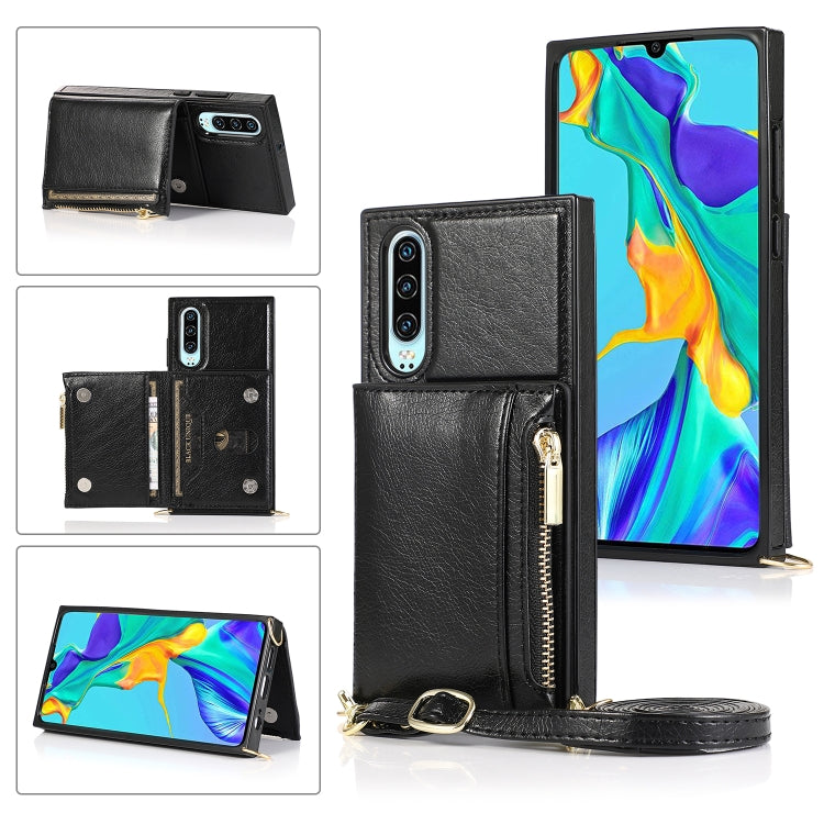 For Huawei P30 Square Zipper Wallet Bag TPU+PU Back Cover Case with Holder & Card Slots & Wallet & Cross-body Strap