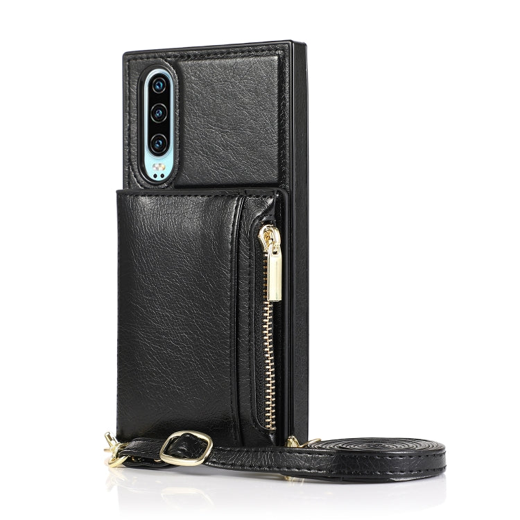 For Huawei P30 Square Zipper Wallet Bag TPU+PU Back Cover Case with Holder & Card Slots & Wallet & Cross-body Strap