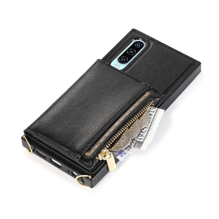 For Huawei P30 Square Zipper Wallet Bag TPU+PU Back Cover Case with Holder & Card Slots & Wallet & Cross-body Strap