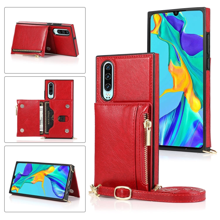 For Huawei P30 Square Zipper Wallet Bag TPU+PU Back Cover Case with Holder & Card Slots & Wallet & Cross-body Strap