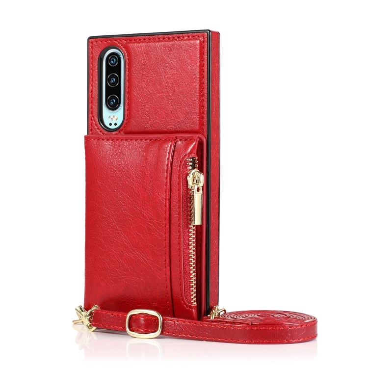 For Huawei P30 Square Zipper Wallet Bag TPU+PU Back Cover Case with Holder & Card Slots & Wallet & Cross-body Strap