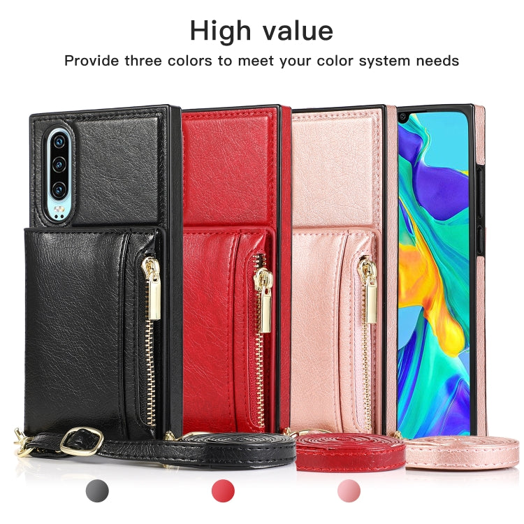 For Huawei P30 Square Zipper Wallet Bag TPU+PU Back Cover Case with Holder & Card Slots & Wallet & Cross-body Strap