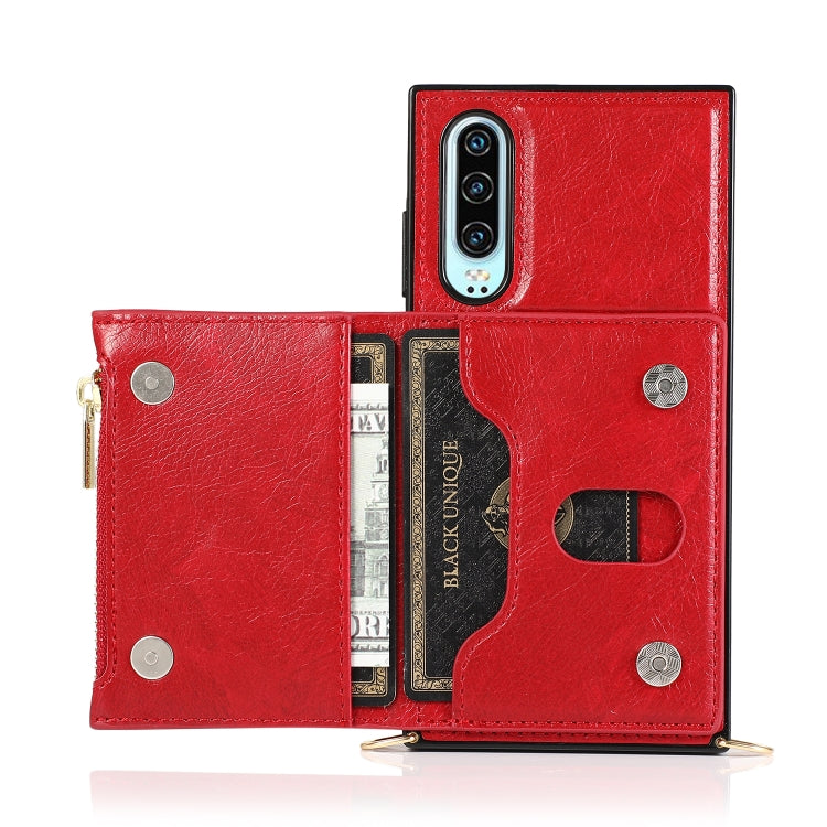 For Huawei P30 Square Zipper Wallet Bag TPU+PU Back Cover Case with Holder & Card Slots & Wallet & Cross-body Strap