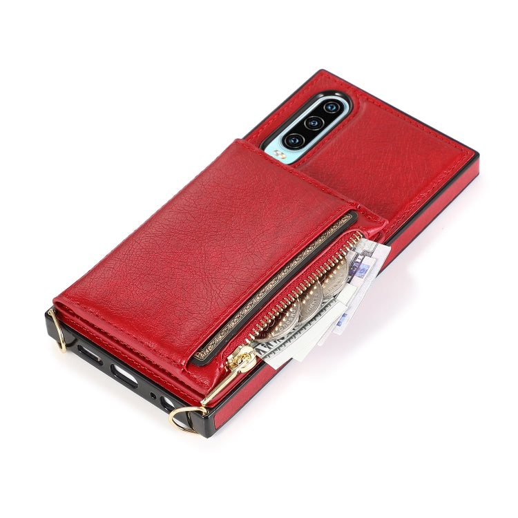 For Huawei P30 Square Zipper Wallet Bag TPU+PU Back Cover Case with Holder & Card Slots & Wallet & Cross-body Strap