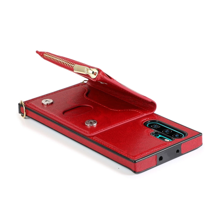 For Huawei P30 Pro Square Zipper Wallet Bag TPU+PU Back Cover Case with Holder & Card Slots & Wallet & Cross-body Strap
