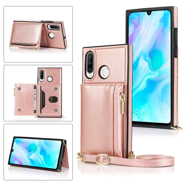 For Huawei P30 Lite Square Zipper Wallet Bag TPU+PU Back Cover Case with Holder & Card Slots & Wallet & Cross-body Strap
