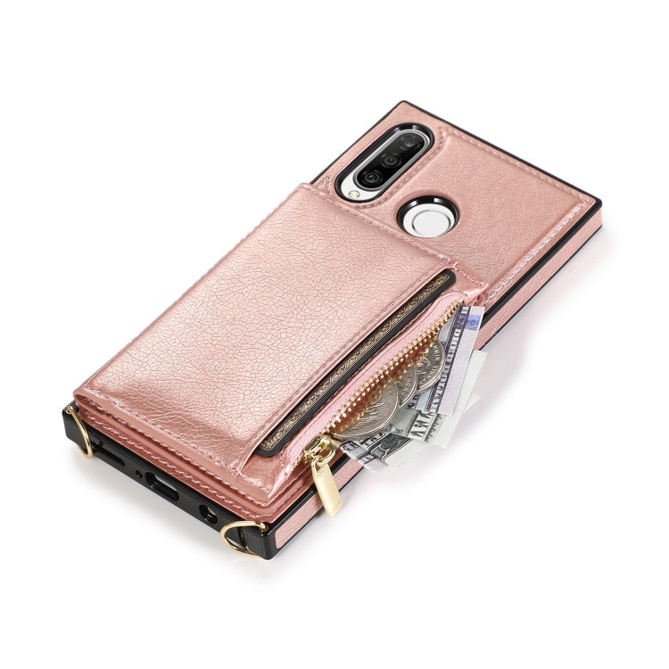 For Huawei P30 Lite Square Zipper Wallet Bag TPU+PU Back Cover Case with Holder & Card Slots & Wallet & Cross-body Strap