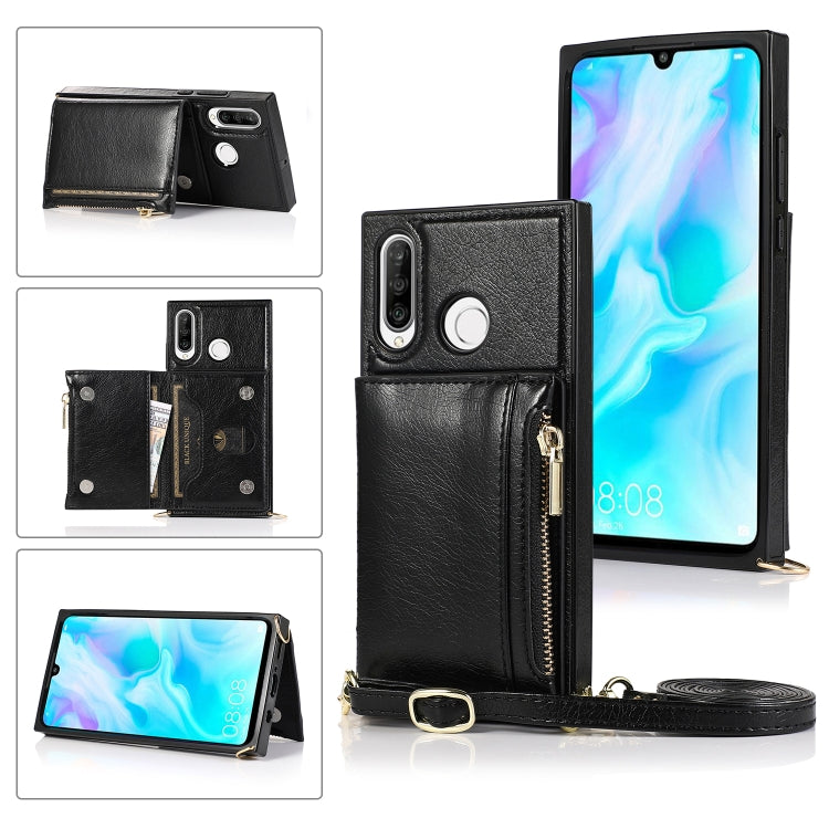 For Huawei P30 Lite Square Zipper Wallet Bag TPU+PU Back Cover Case with Holder & Card Slots & Wallet & Cross-body Strap