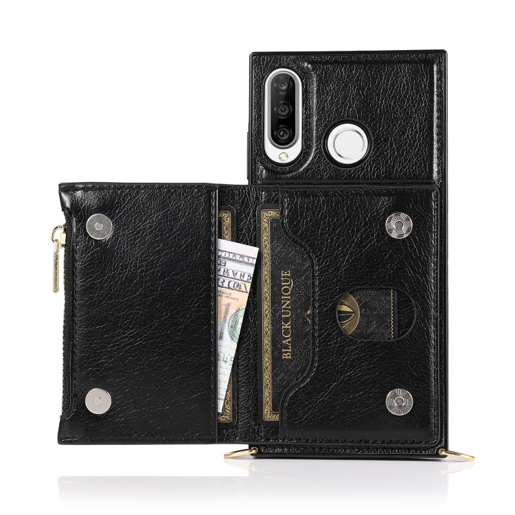 For Huawei P30 Lite Square Zipper Wallet Bag TPU+PU Back Cover Case with Holder & Card Slots & Wallet & Cross-body Strap