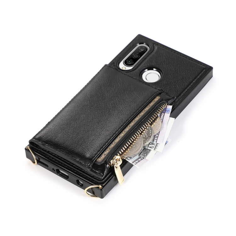 For Huawei P30 Lite Square Zipper Wallet Bag TPU+PU Back Cover Case with Holder & Card Slots & Wallet & Cross-body Strap