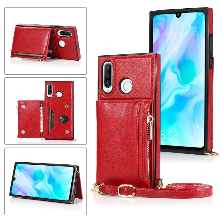 For Huawei P30 Lite Square Zipper Wallet Bag TPU+PU Back Cover Case with Holder & Card Slots & Wallet & Cross-body Strap