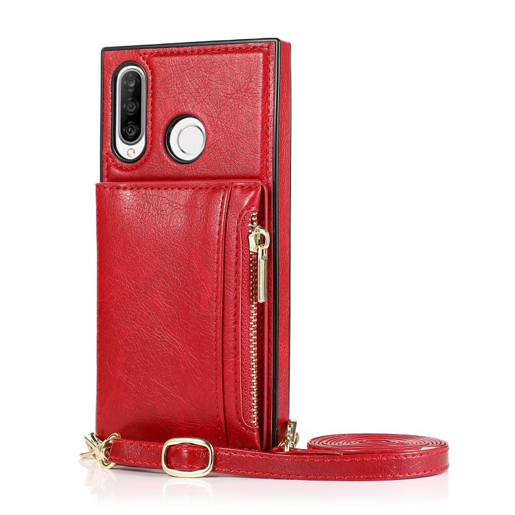 For Huawei P30 Lite Square Zipper Wallet Bag TPU+PU Back Cover Case with Holder & Card Slots & Wallet & Cross-body Strap