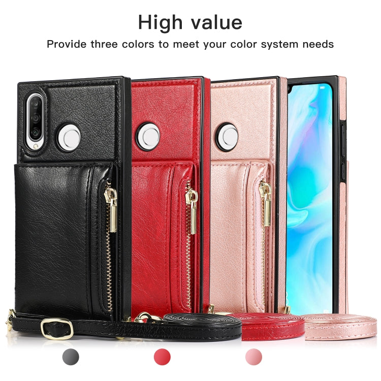 For Huawei P30 Lite Square Zipper Wallet Bag TPU+PU Back Cover Case with Holder & Card Slots & Wallet & Cross-body Strap