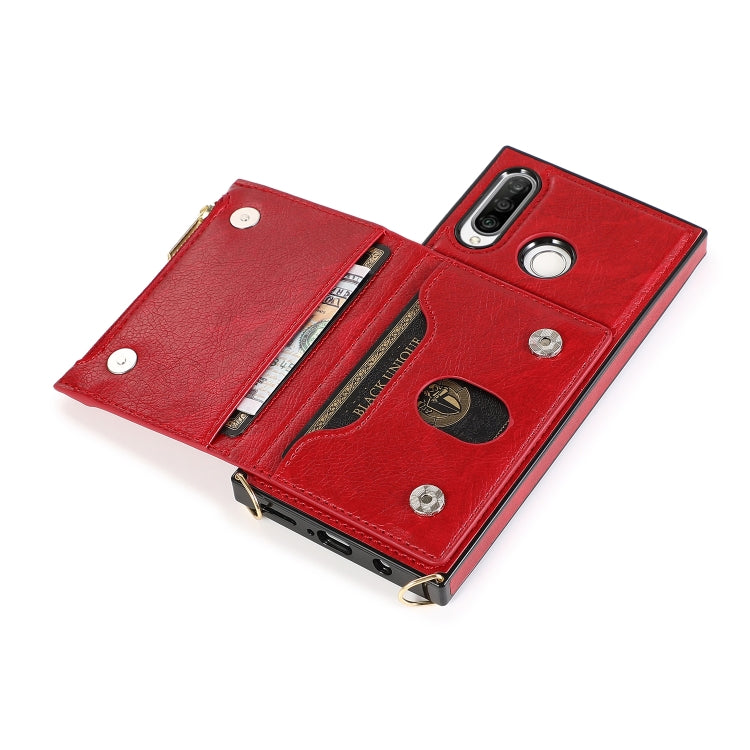 For Huawei P30 Lite Square Zipper Wallet Bag TPU+PU Back Cover Case with Holder & Card Slots & Wallet & Cross-body Strap