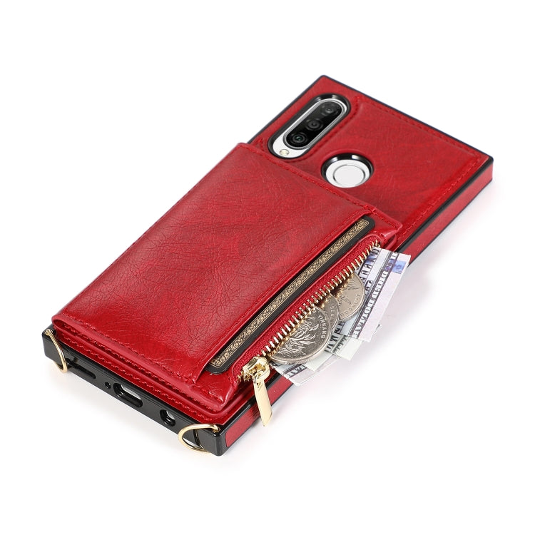 For Huawei P30 Lite Square Zipper Wallet Bag TPU+PU Back Cover Case with Holder & Card Slots & Wallet & Cross-body Strap