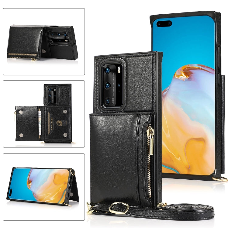 For Huawei P40 Square Zipper Wallet Bag TPU+PU Back Cover Case with Holder & Card Slots & Wallet & Cross-body Strap