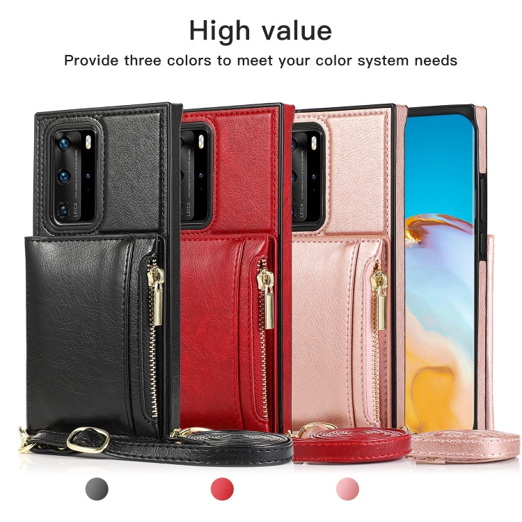 For Huawei P40 Square Zipper Wallet Bag TPU+PU Back Cover Case with Holder & Card Slots & Wallet & Cross-body Strap
