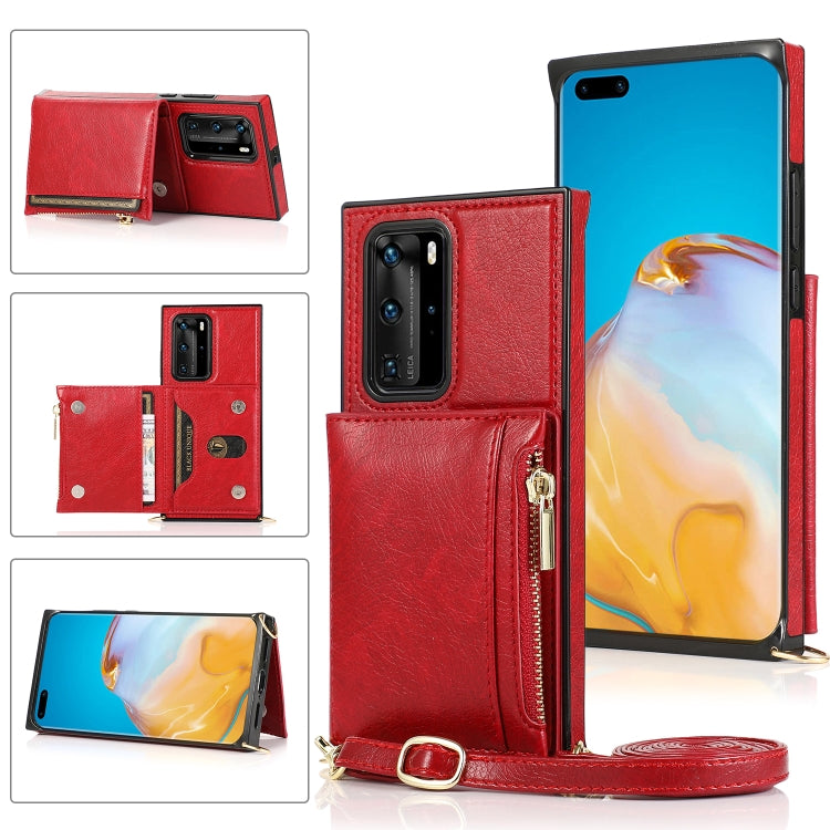 For Huawei P40 Square Zipper Wallet Bag TPU+PU Back Cover Case with Holder & Card Slots & Wallet & Cross-body Strap