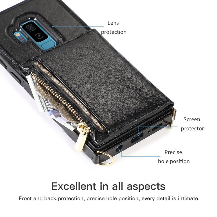 For Samsung Galaxy S9 Square Zipper Wallet Bag TPU+PU Back Cover Case with Holder & Card Slots & Wallet & Cross-body Strap