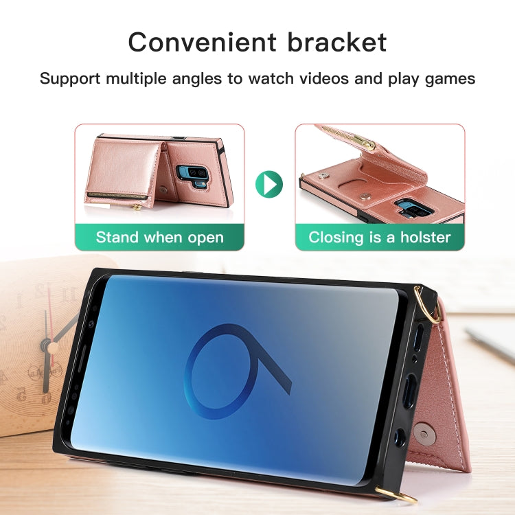 For Samsung Galaxy S9 Plus Square Zipper Wallet Bag TPU+PU Back Cover Case with Holder & Card Slots & Wallet & Cross-body Strap