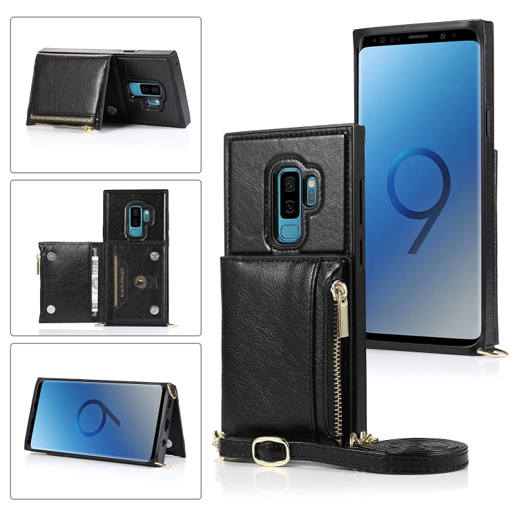 For Samsung Galaxy S9 Plus Square Zipper Wallet Bag TPU+PU Back Cover Case with Holder & Card Slots & Wallet & Cross-body Strap