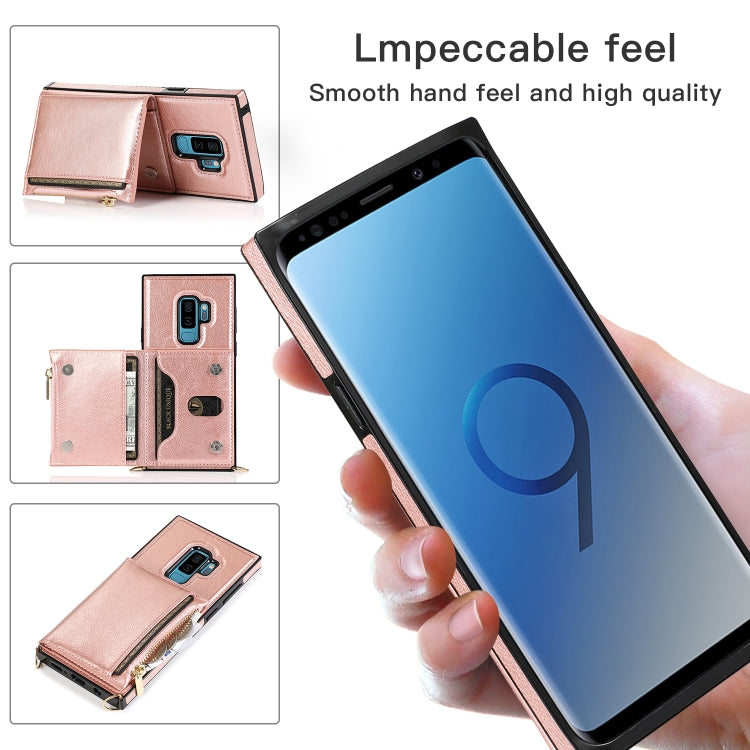 For Samsung Galaxy S9 Plus Square Zipper Wallet Bag TPU+PU Back Cover Case with Holder & Card Slots & Wallet & Cross-body Strap