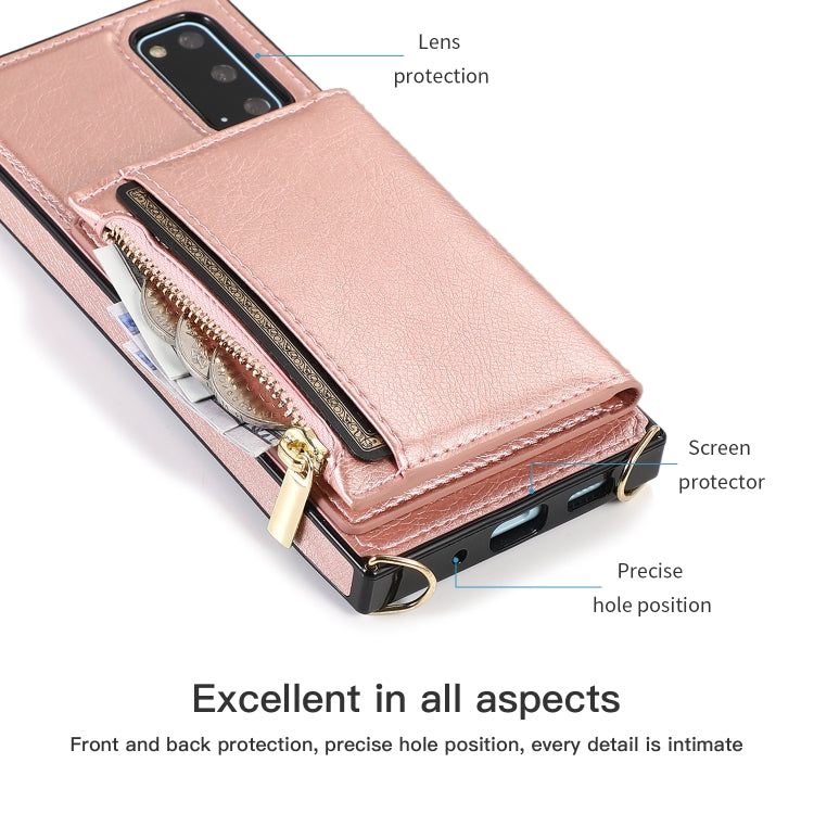 For Samsung Galaxy S20 Plus Square Zipper Wallet Bag TPU+PU Back Cover Case with Holder & Card Slots & Wallet & Cross-body Strap