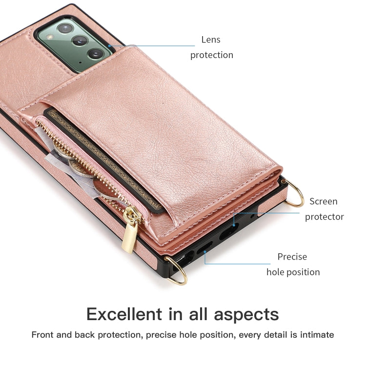 For Samsung Galaxy Note20 Square Zipper Wallet Bag TPU+PU Back Cover Case with Holder & Card Slots & Wallet & Cross-body Strap