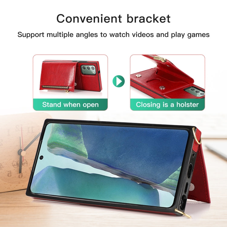 For Samsung Galaxy Note20 Square Zipper Wallet Bag TPU+PU Back Cover Case with Holder & Card Slots & Wallet & Cross-body Strap