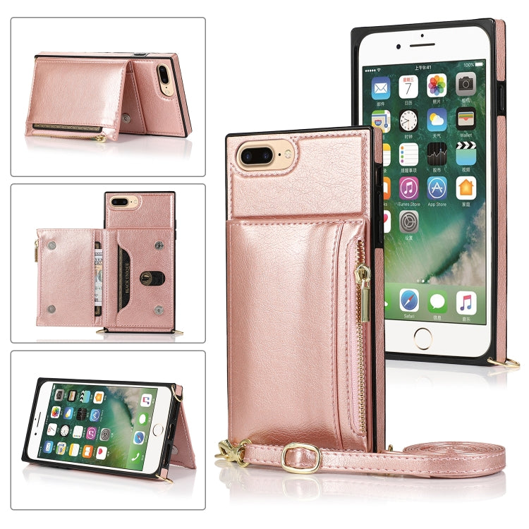 Square Zipper Wallet Bag TPU+PU Back Cover Case with Holder & Card Slots & Wallet & Cross-body Strap For iPhone 8 Plus / 7 Plus