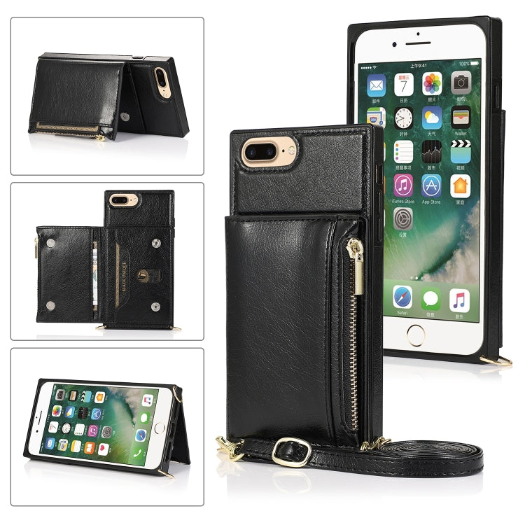 Square Zipper Wallet Bag TPU+PU Back Cover Case with Holder & Card Slots & Wallet & Cross-body Strap For iPhone 8 Plus / 7 Plus