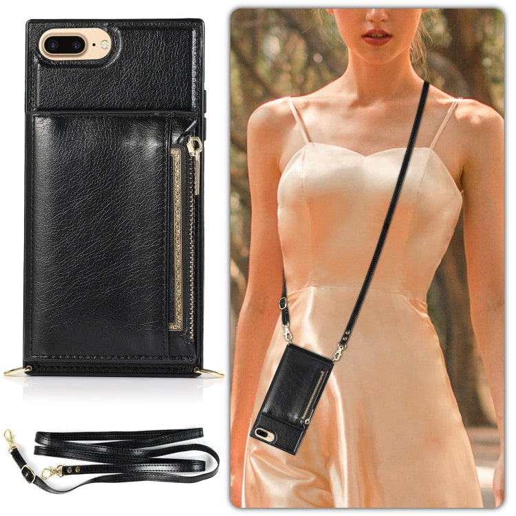 Square Zipper Wallet Bag TPU+PU Back Cover Case with Holder & Card Slots & Wallet & Cross-body Strap For iPhone 8 Plus / 7 Plus
