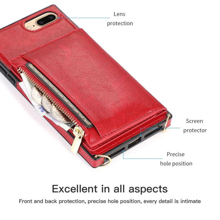 Square Zipper Wallet Bag TPU+PU Back Cover Case with Holder & Card Slots & Wallet & Cross-body Strap For iPhone 8 Plus / 7 Plus