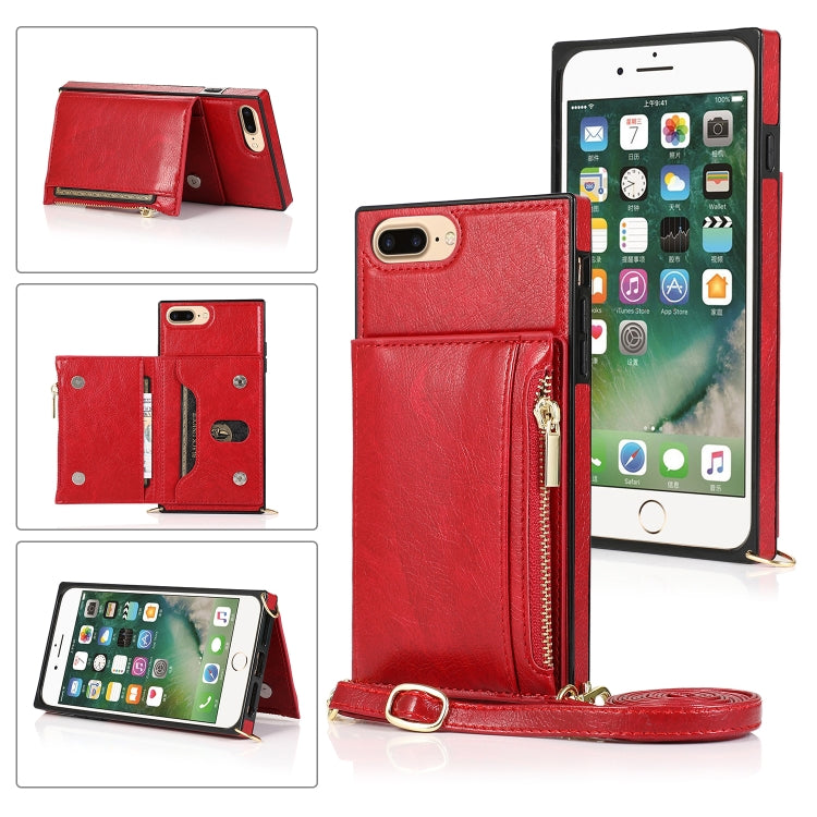 Square Zipper Wallet Bag TPU+PU Back Cover Case with Holder & Card Slots & Wallet & Cross-body Strap For iPhone 8 Plus / 7 Plus