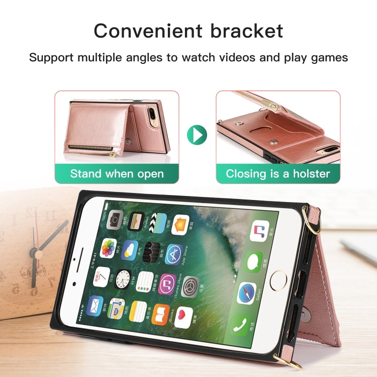 Square Zipper Wallet Bag TPU+PU Back Cover Case with Holder & Card Slots & Wallet & Cross-body Strap For iPhone 8 Plus / 7 Plus