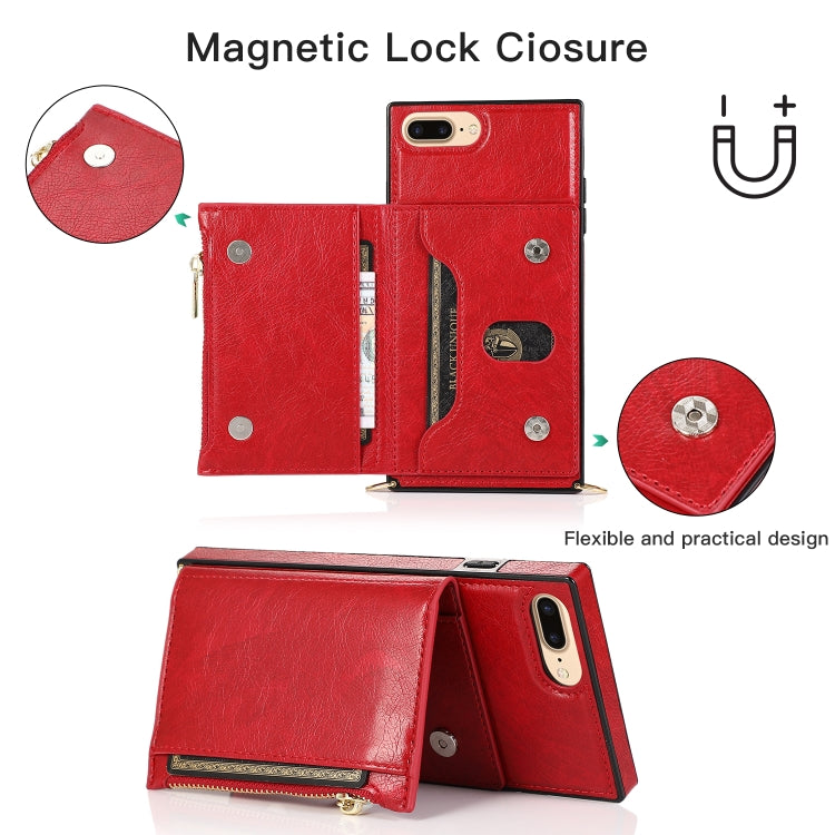 Square Zipper Wallet Bag TPU+PU Back Cover Case with Holder & Card Slots & Wallet & Cross-body Strap For iPhone 8 Plus / 7 Plus