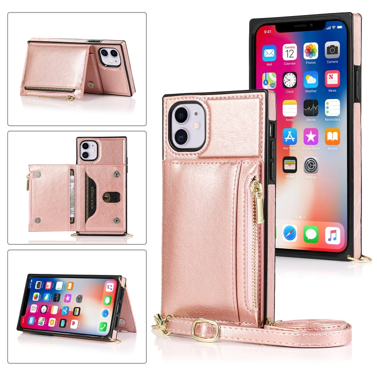 For iPhone 11 Square Zipper Wallet Bag TPU+PU Back Cover Case with Holder & Card Slots & Wallet & Cross-body Strap