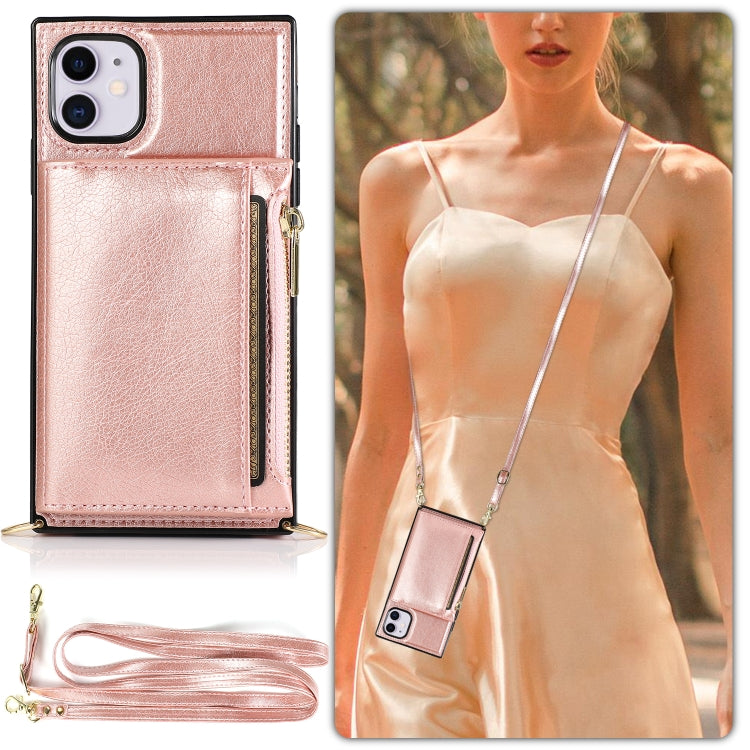 For iPhone 11 Square Zipper Wallet Bag TPU+PU Back Cover Case with Holder & Card Slots & Wallet & Cross-body Strap