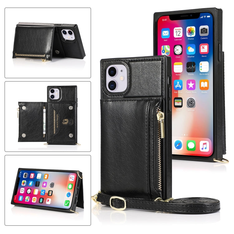 For iPhone 11 Square Zipper Wallet Bag TPU+PU Back Cover Case with Holder & Card Slots & Wallet & Cross-body Strap
