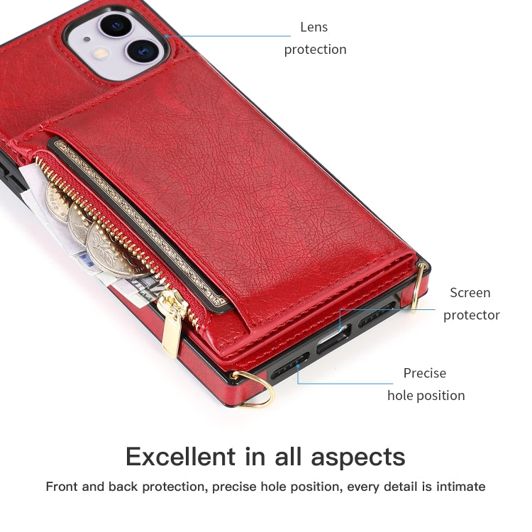 For iPhone 11 Square Zipper Wallet Bag TPU+PU Back Cover Case with Holder & Card Slots & Wallet & Cross-body Strap