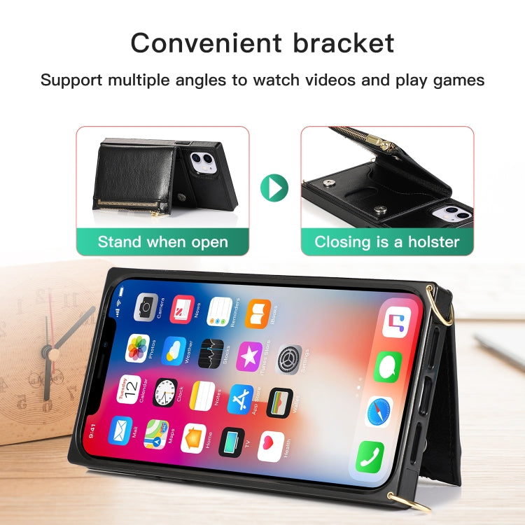 For iPhone 11 Square Zipper Wallet Bag TPU+PU Back Cover Case with Holder & Card Slots & Wallet & Cross-body Strap
